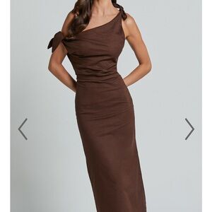 Cincinnati Midi Dress Off The Shoulder Side Split Column Linen Dress In Chocolat